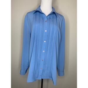 Blue Pleat Front Embroidered Long Sleeve Blouse Sz 16